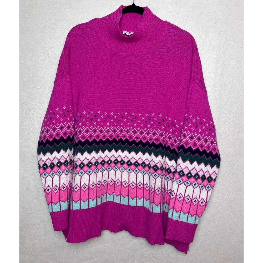 Crown & Ivy Women's Pink Multicolor Pullover Sweater Long Sleeve Mock Neck Sz 1X